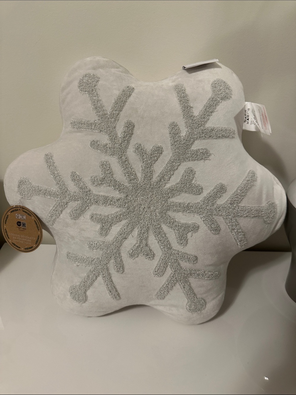 Snowflake Holiday Accent Pillow - White with Silver Detail